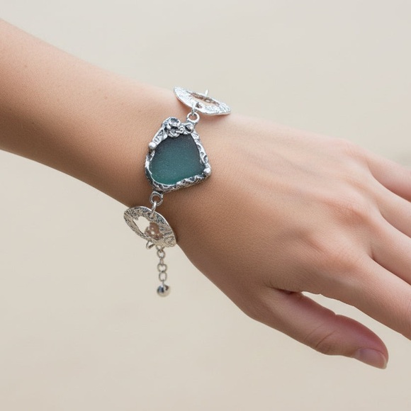 Sea Glass & Silver Cutout Bracelet - Boho Metalwork Adjustable Closure - Picture 10 of 16